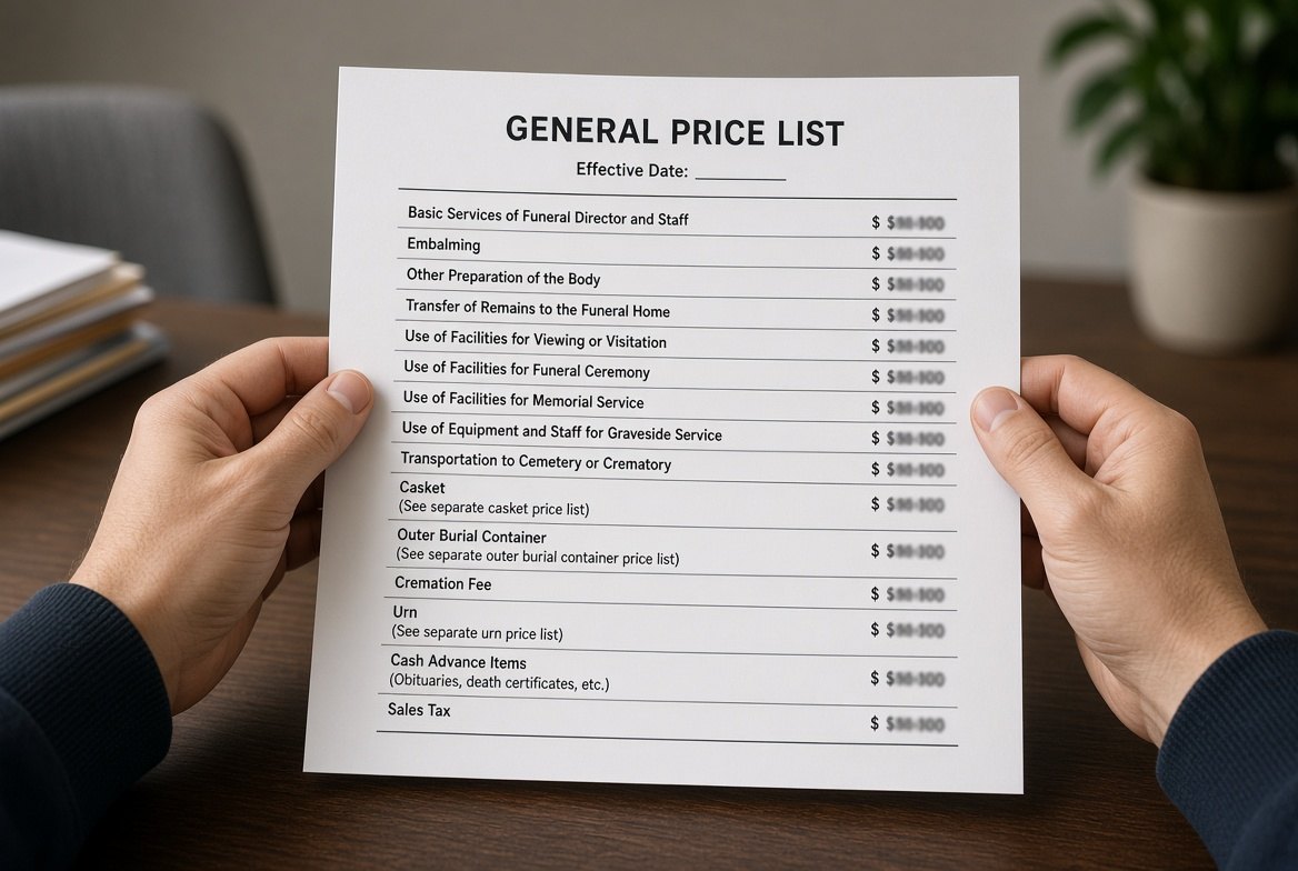 Two hands holding out a plain printed American funeral home general price list over a desk, services itemized down the left with a dollar figure beside each, no letterhead or logo
