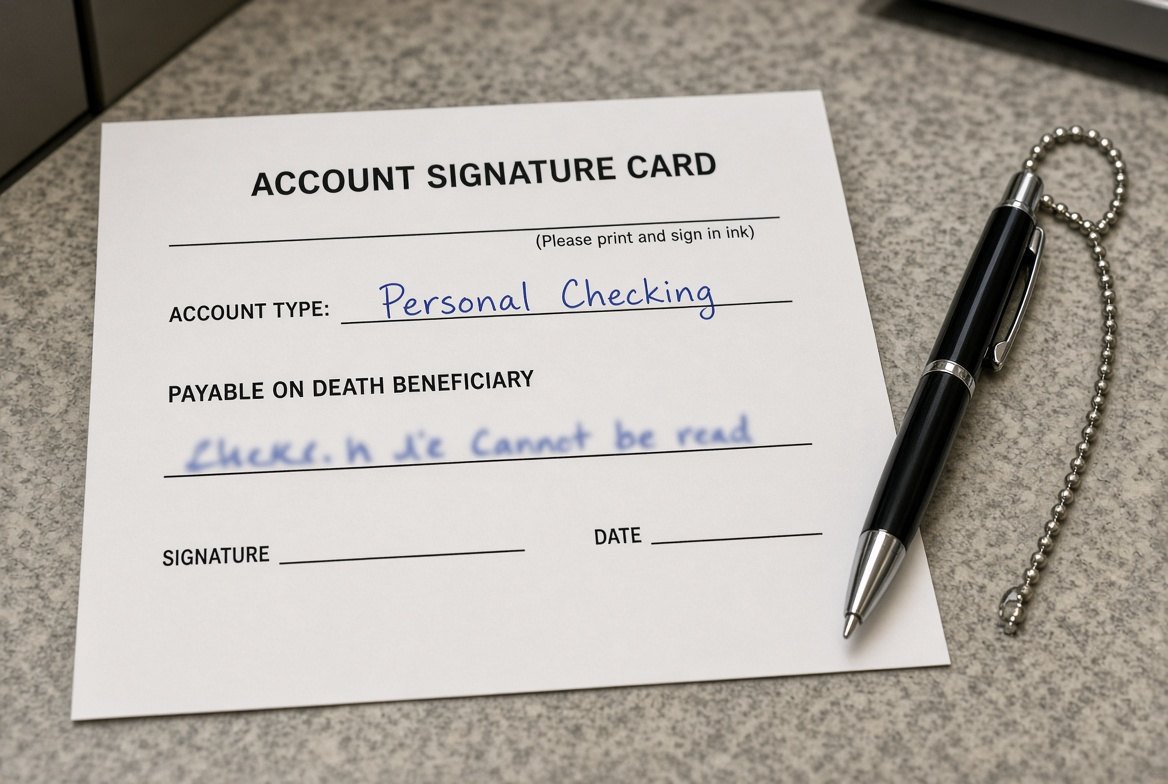 An American bank account signature card on a counter with a pen on a bead chain beside it, the account type filled in by hand as personal checking and a line headed Payable On Death Beneficiary completed in blue ink