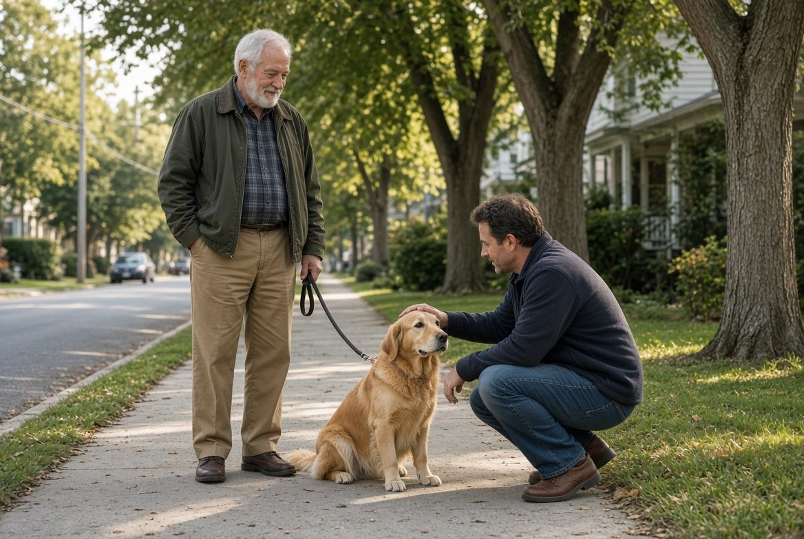 An older man in a green jacket on a tree-lined neighborhood sidewalk holding a golden retriever on a leash while a younger man crouches beside the dog to pet it