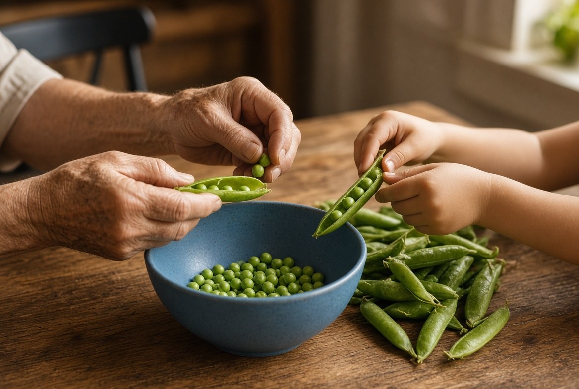 An older person&rsquo;s weathered hands and a child&rsquo;s small hands shelling fresh peas together into a blue bowl on a wooden kitchen table, a pile of pea pods beside it