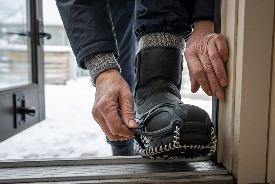 An older person standing in an open doorway fitting a rubber slip-on traction device with metal coils over the toe of a winter boot, one hand steadying against the door frame, snow visible outside