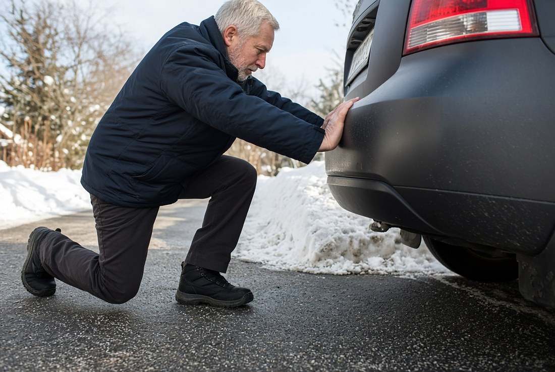 An older man half-kneeling on clear asphalt beside the rear bumper of a car in winter, one knee down and the other foot flat on the ground in front of him, his hand pressed against the bumper as he pushes himself up, with ploughed snow banked at the edge of the road
