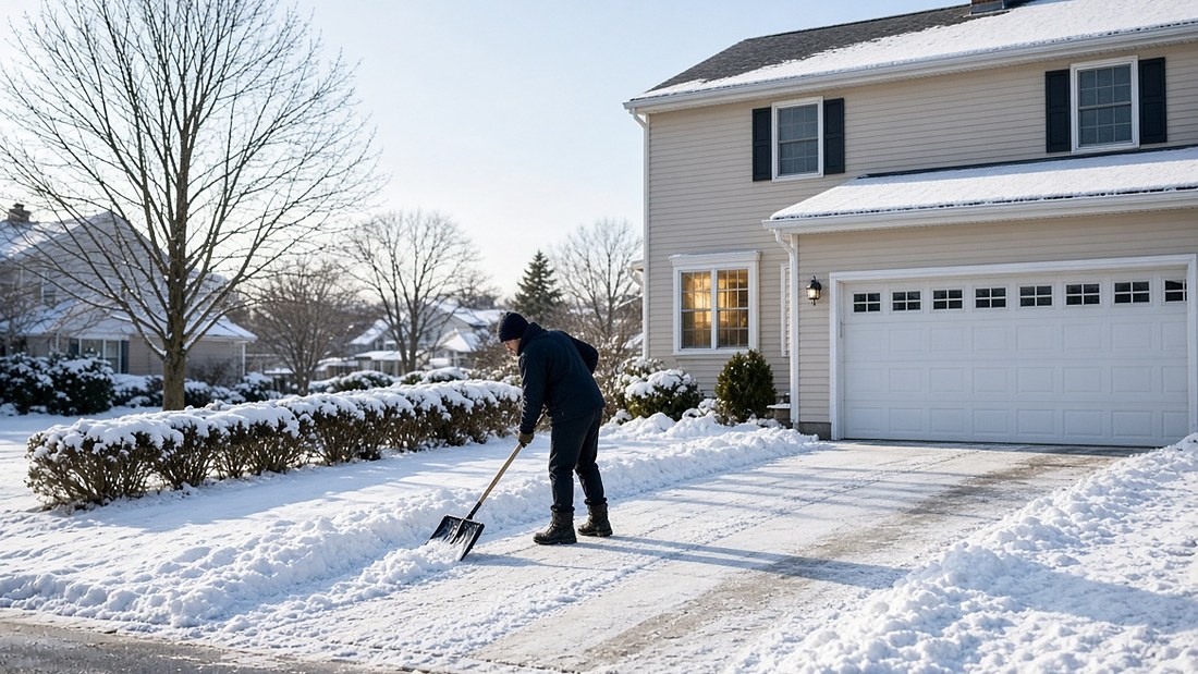 A person clearing snow from a residential driveway with a shovel on a bright winter morning, a two-storey house with a lit window behind them and snow banked along the cleared strip