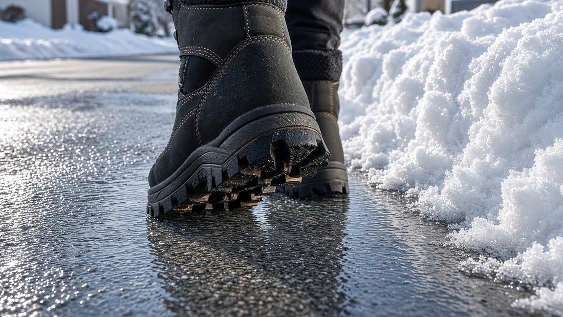 A low close view of winter boots standing on a wet, refrozen pavement beside a bank of ploughed snow, bright low sun glinting off the ice sheet across the whole surface