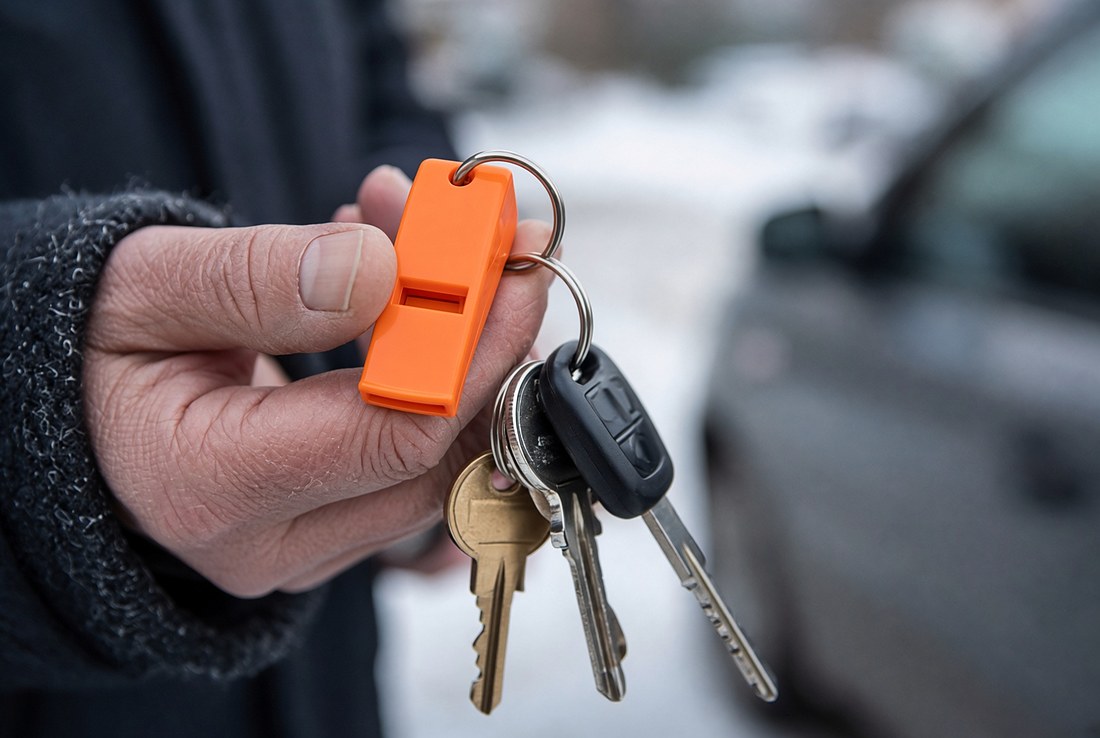 An older person's hand holding a set of house and car keys in winter with a bright orange plastic whistle on the same keyring, snow and a car out of focus behind