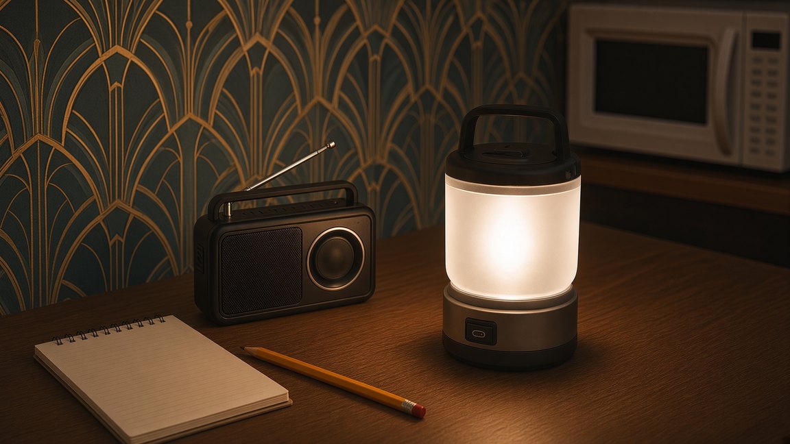A portable analog radio with its antenna extended on a kitchen table beside a battery-powered LED lantern, a spiral notepad and a yellow pencil, with a microwave showing a blank display in the dark kitchen behind