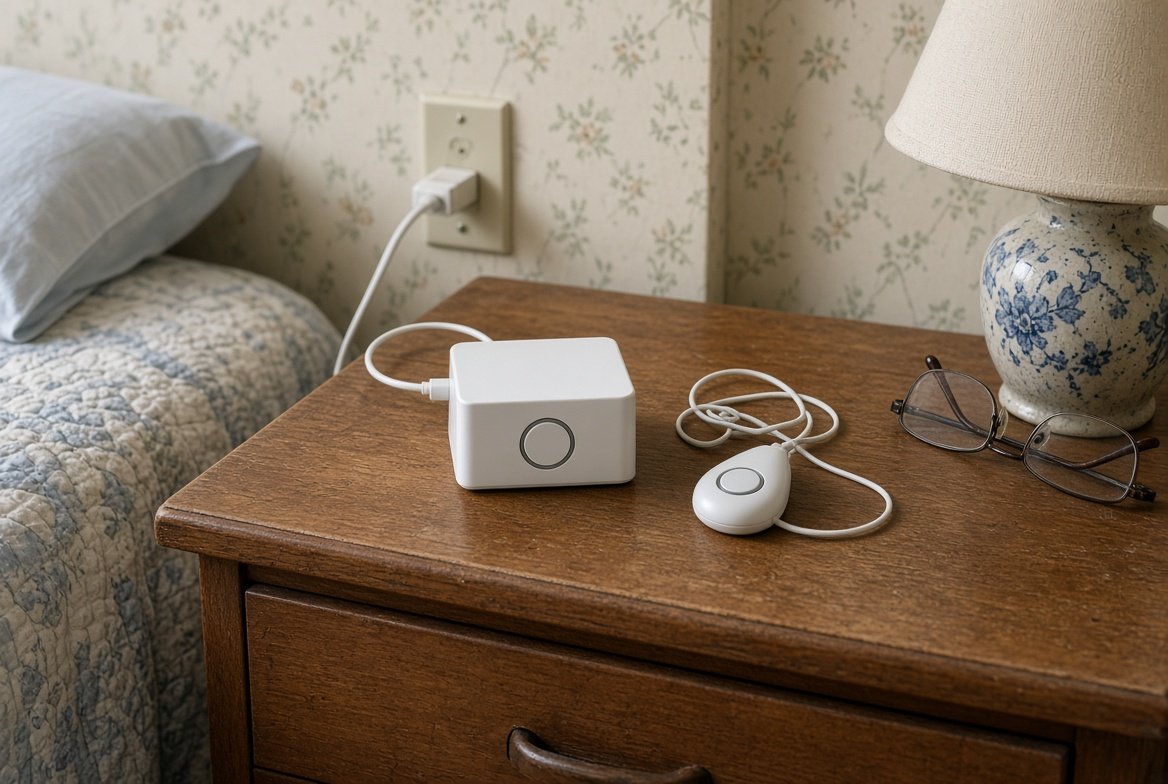 A medical alert base station with a large round button on a bedside table, its cord plugged into the wall, with the matching pendant, reading glasses and a lamp beside it