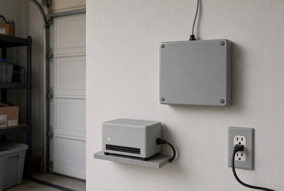 A plain gray utility box mounted on a garage wall with a cable running into it, and below it a small battery backup unit with a green light plugged into a wall outlet
