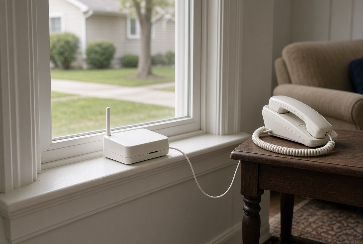 A small white wireless home phone unit with a short antenna on a living room windowsill, a cord running from it to a plain corded telephone on a side table