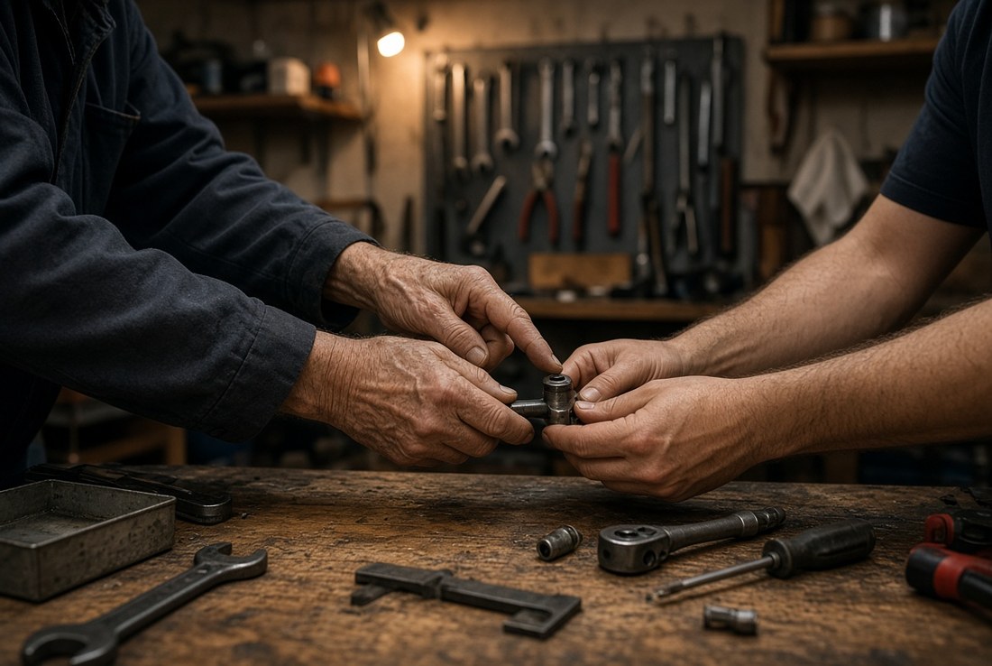 An older manβs hands and a younger manβs hands together over a small mechanical part on a workbench, tools on the wall behind them