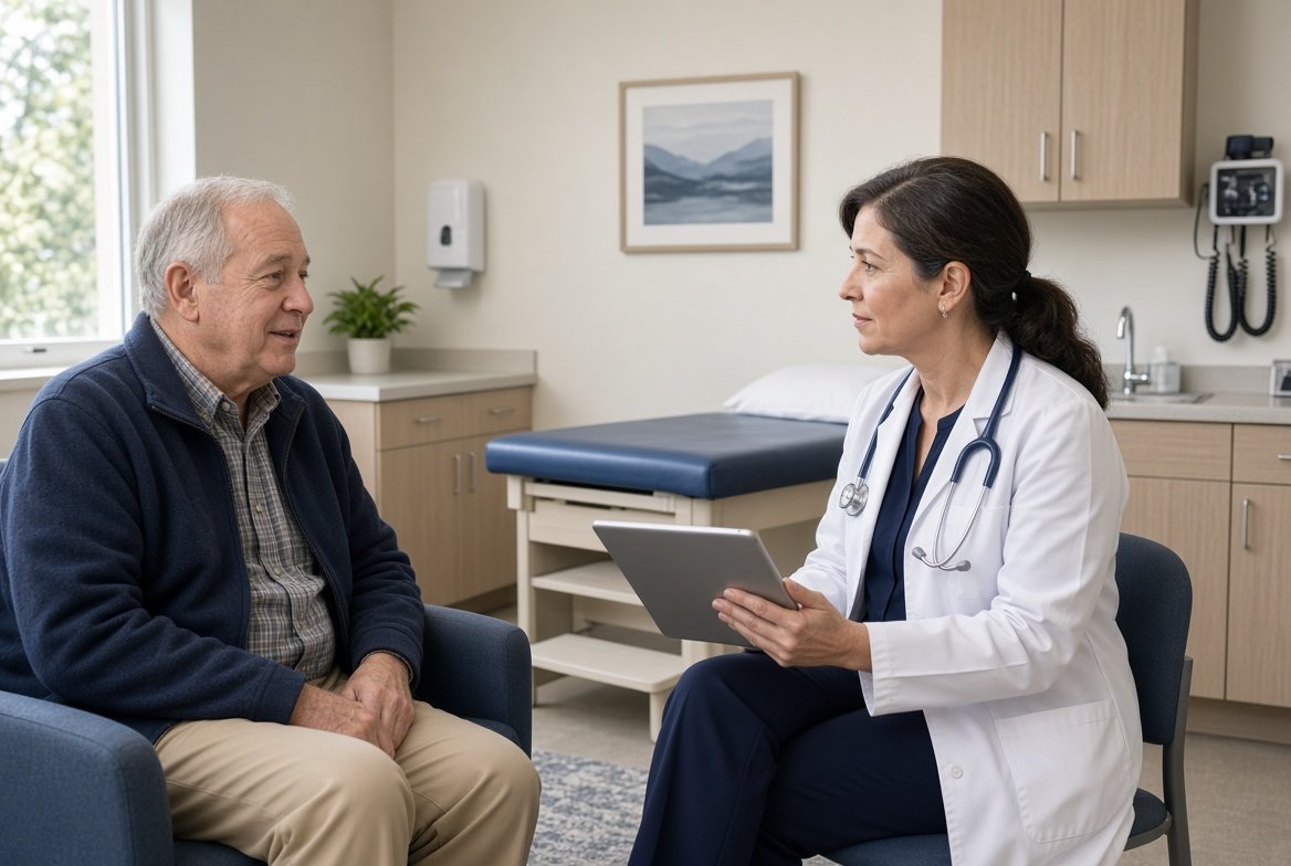 An older man in a fleece jacket talking with his doctor in a bright exam room while she listens, holding a tablet