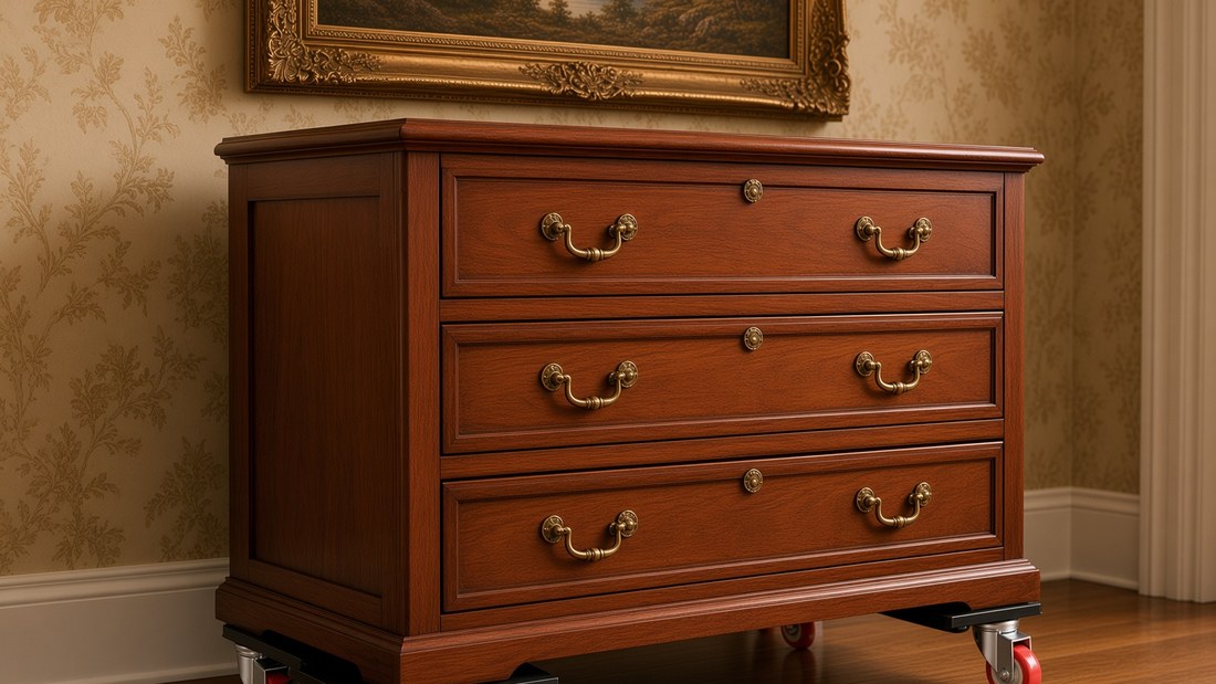 A wooden chest of drawers resting on a low four-wheel furniture dolly on a hardwood floor