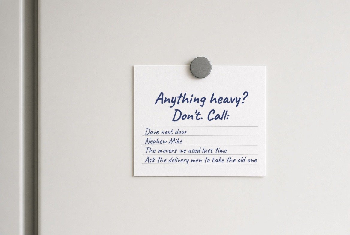 A handwritten index card held on a refrigerator door by a magnet, reading Anything heavy? Don't. Call: Dave next door, Nephew Mike, The movers we used last time, Ask the delivery men to take the old one