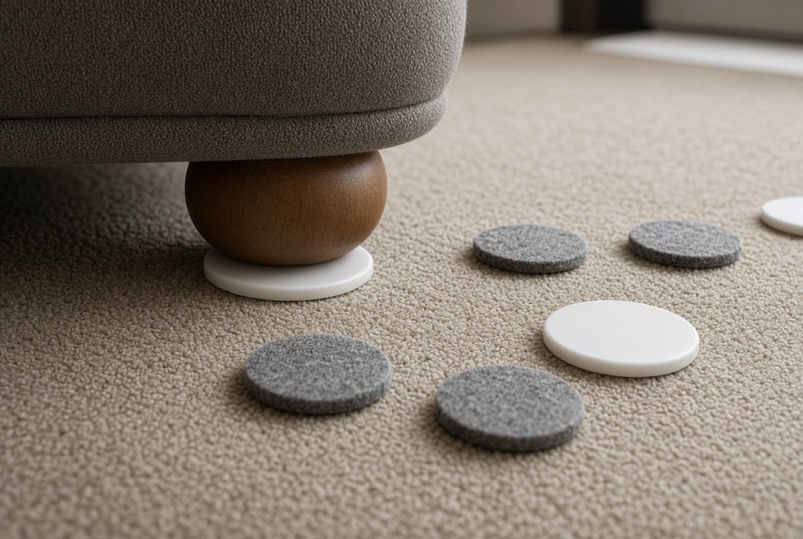 A round wooden sofa foot resting on a hard white plastic slider on carpet, with more white plastic sliders and grey felt pads lying on the carpet beside it