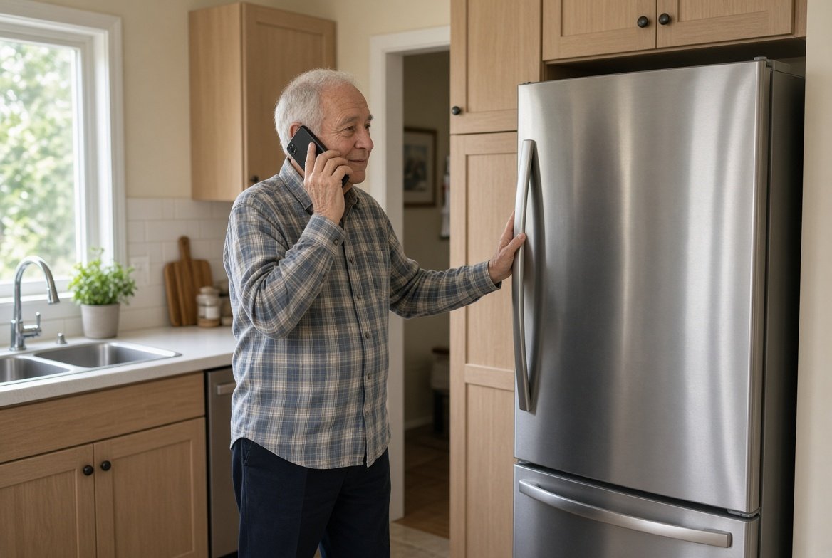 An older man in a plaid shirt standing in his kitchen with one hand resting on a refrigerator that is still in its place, talking on a cell phone