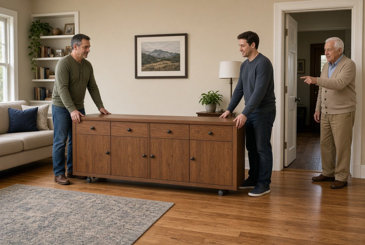 Two men pushing a low, wide wooden sideboard across a hardwood living room floor with their hands flat on top, while an older man stands at the doorway pointing ahead