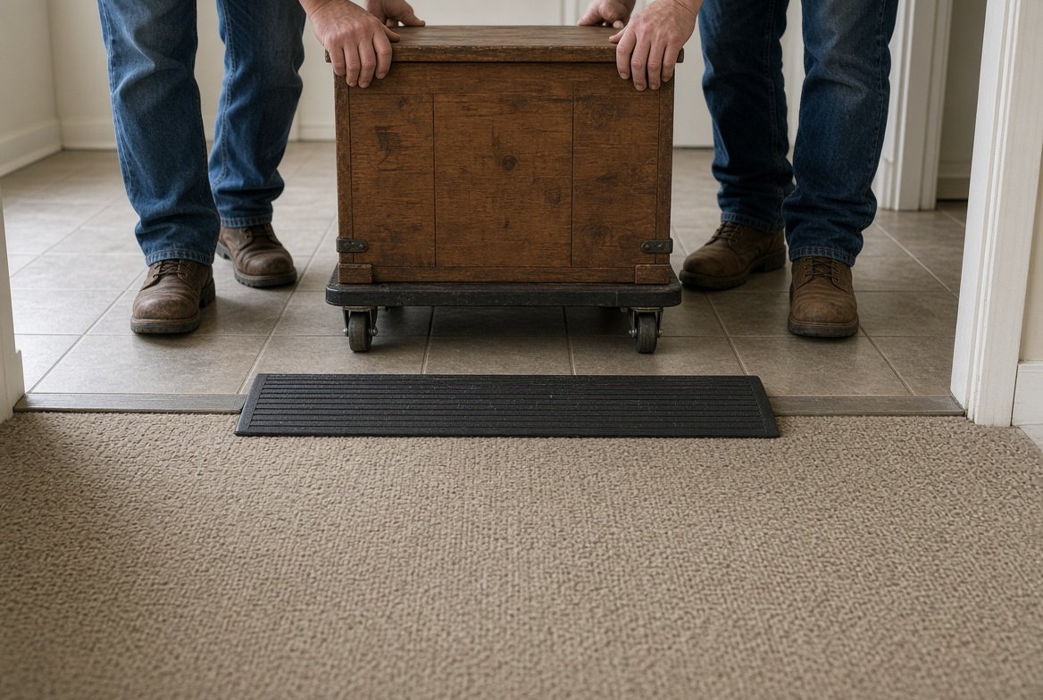 A low wooden chest on a four-wheel furniture dolly waiting on a tile floor before a black rubber threshold ramp laid over the strip where the tile meets carpet, two people in jeans and leather work boots on either side