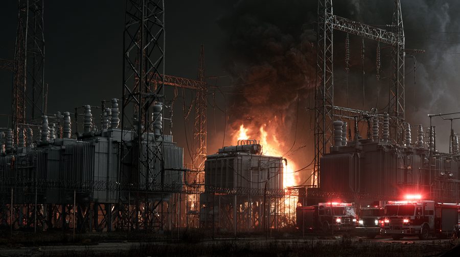 Electrical substation transformer on fire at night with fire engines responding — the kind of grid-sparked fire a Public Safety Power Shutoff is meant to prevent