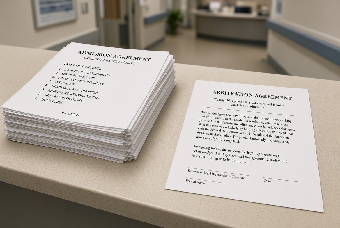 A thick stack of American skilled nursing facility admission agreement pages on a counter, with a single separate arbitration agreement sheet lying beside it, headed with a line stating that signing is voluntary and not a condition of admission