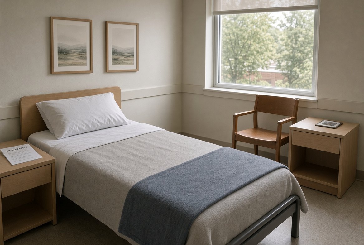 An empty American nursing home room in daylight, the bed made with a folded blanket, an empty chair by the window, a small framed photograph on the nightstand, and a bed-hold policy notice lying on the stand by the door