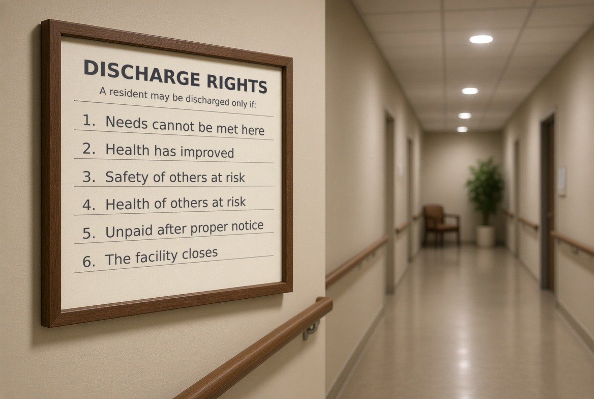 A framed notice headed Discharge Rights on the wall of an American nursing facility corridor above a wooden handrail, listing the six lawful reasons a resident may be discharged, the corridor receding out of focus behind it