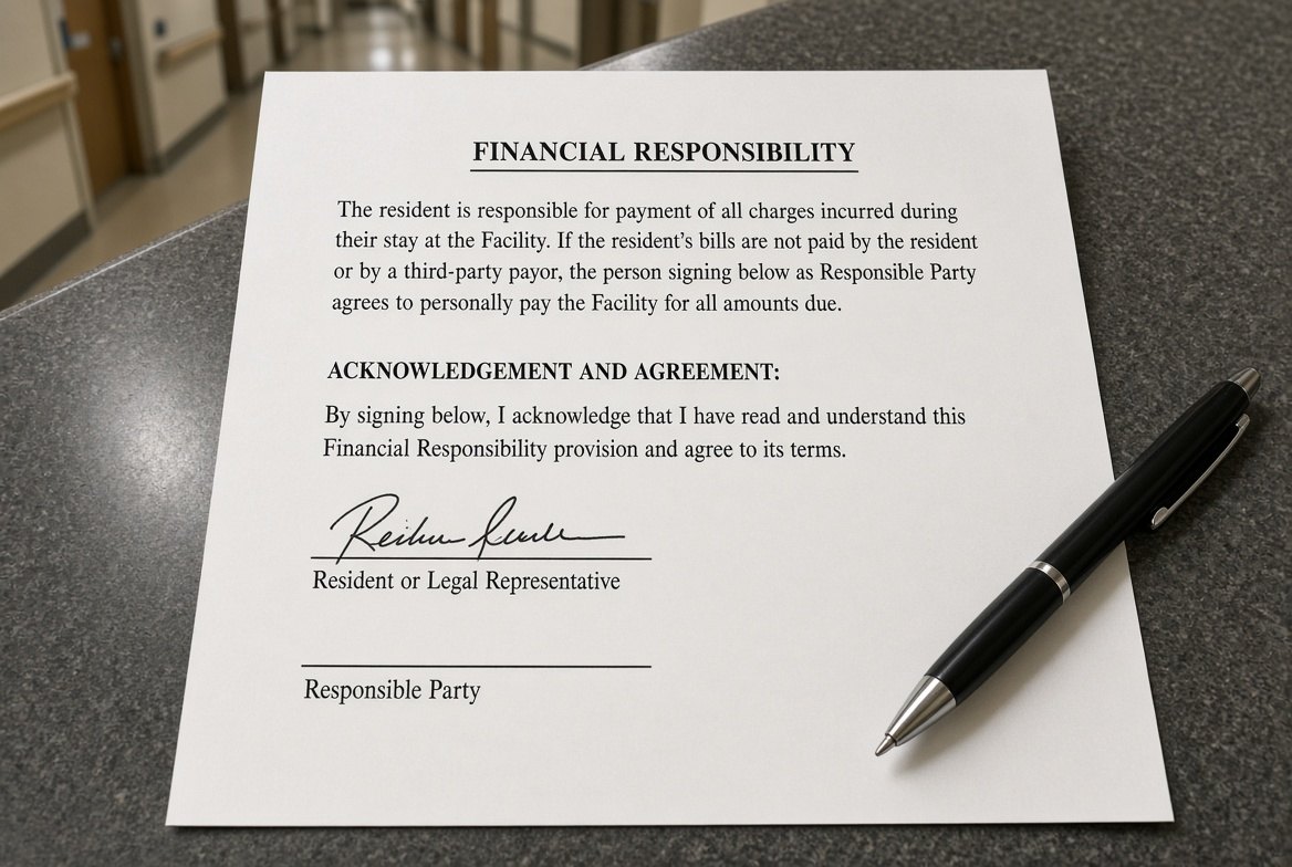 An American nursing home financial responsibility page on a counter with a pen beside it, the resident line signed and the line beneath it headed Responsible Party still blank