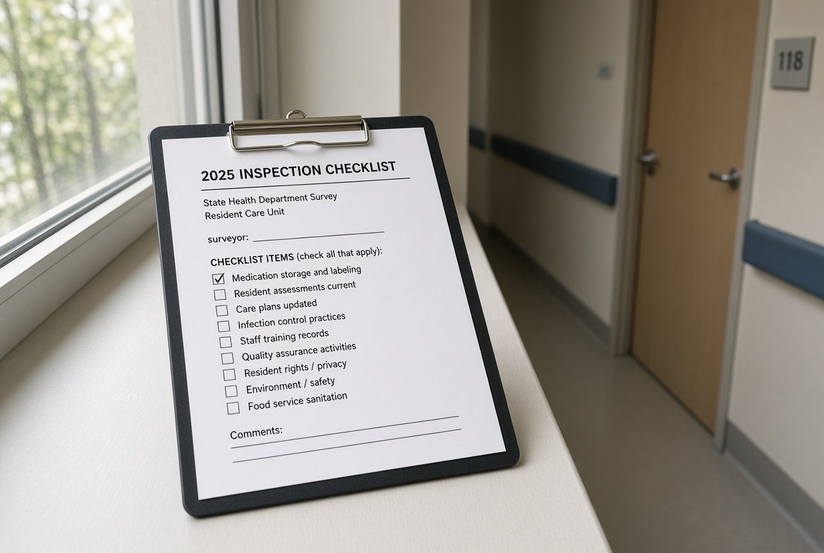 A state health department survey clipboard on a corridor windowsill in an American nursing facility, holding a 2025 inspection checklist with tick boxes, a resident door numbered 118 behind it