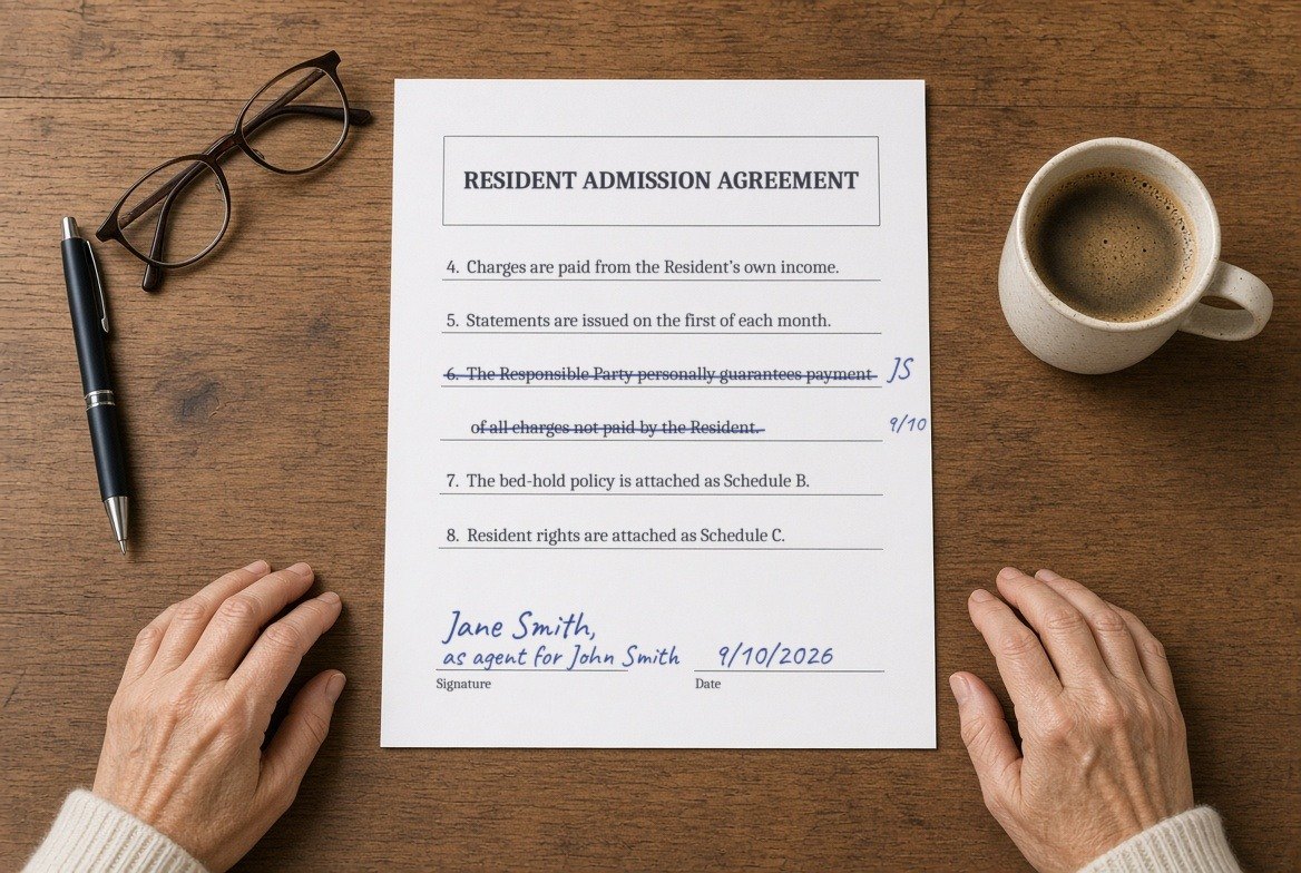 A resident admission agreement on a kitchen table with the Responsible Party guarantee clause struck through in blue ink, initialled JS and dated, and signed Jane Smith, as agent for John Smith, with reading glasses, a pen and a mug of coffee beside it