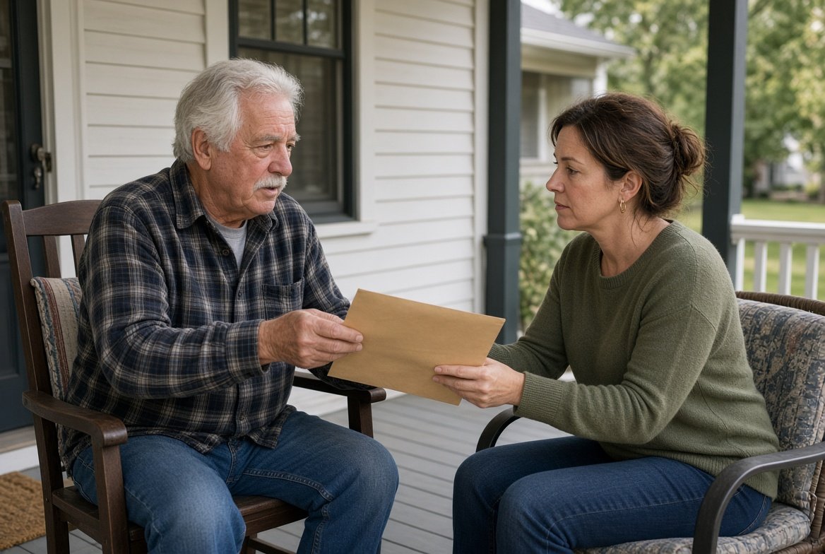 An older father on a front porch handing a plain manila envelope to his adult daughter, who takes it while listening closely