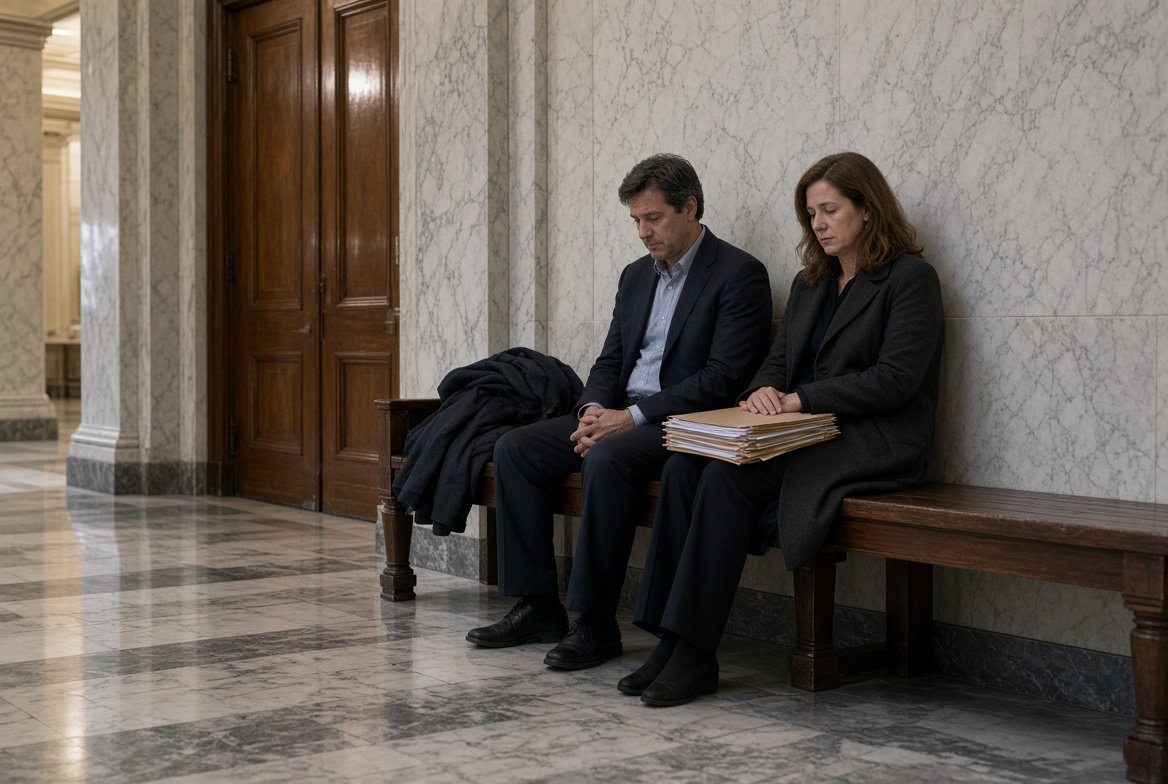 A brother and sister in dark coats sitting on a wooden bench in a marble courthouse hallway, a thick stack of folders on her lap and a closed wooden door beside them