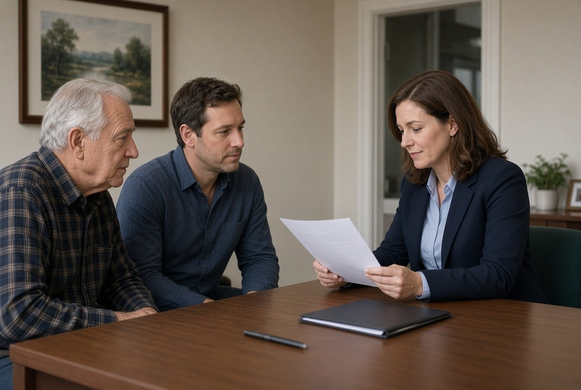 An older man and his adult son sitting across a desk from a bank officer who is reading a single-page document they have handed her