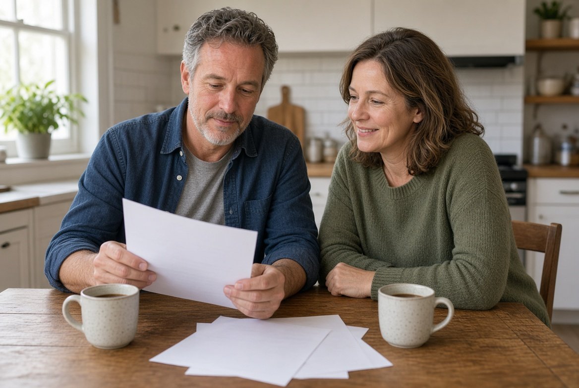 A relaxed couple in their fifties at a kitchen table with a few papers and two cups of coffee, the man reading a page and the woman smiling beside him