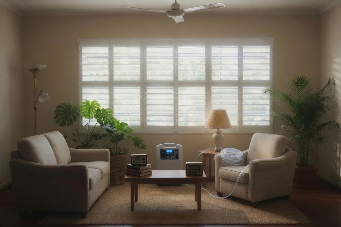 An oxygen concentrator standing between two armchairs in a shuttered tropical living room, its tubing running to the chair, the room lit only by daylight through closed louvres