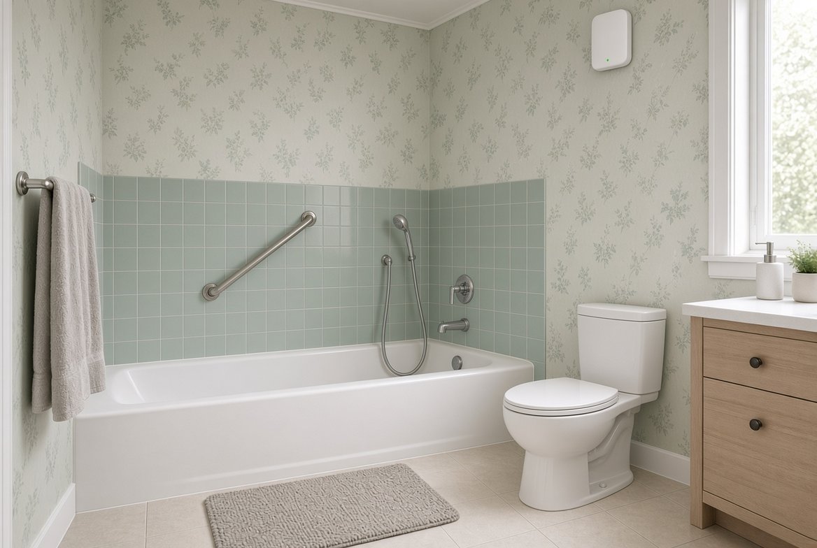 An ordinary bathroom with a tub, a grab bar and a toilet, and a small plain white radar sensor with a green status light mounted high on the wall near the ceiling