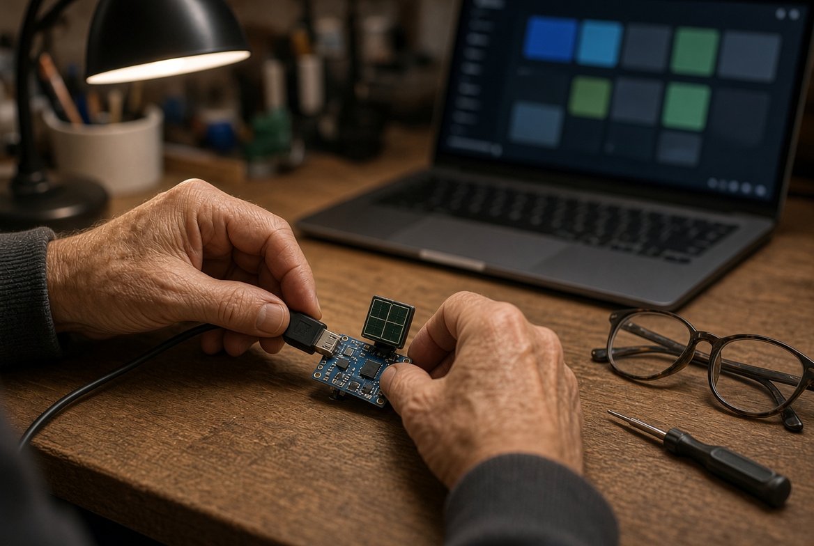 An older man's hands plugging a USB cable into a small blue circuit board with a square radar sensor module on top, reading glasses and a small screwdriver on the bench and a laptop behind