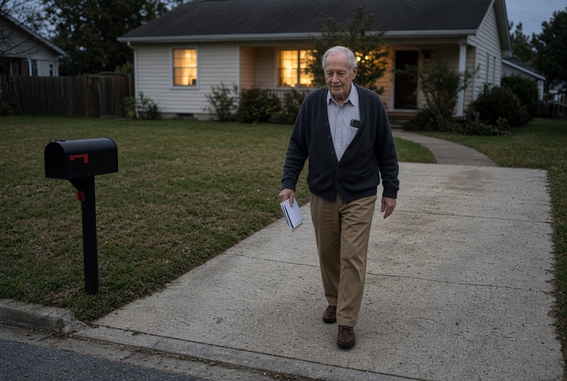 An older man in a cardigan walking back up his driveway from the mailbox at dusk with the mail in his hand and a cell phone in his shirt pocket, his house lit behind him