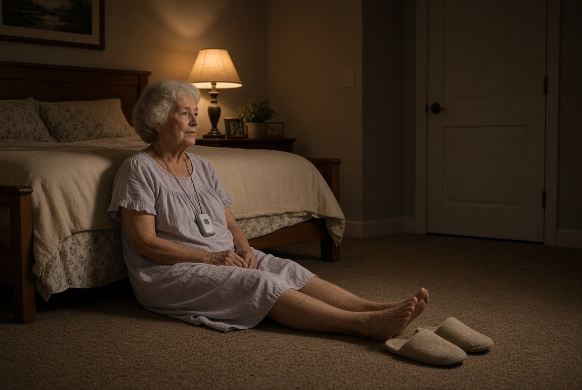 An older woman in a nightgown sitting on her bedroom carpet at night with her back against the bed, an emergency call button hanging untouched on a cord around her neck