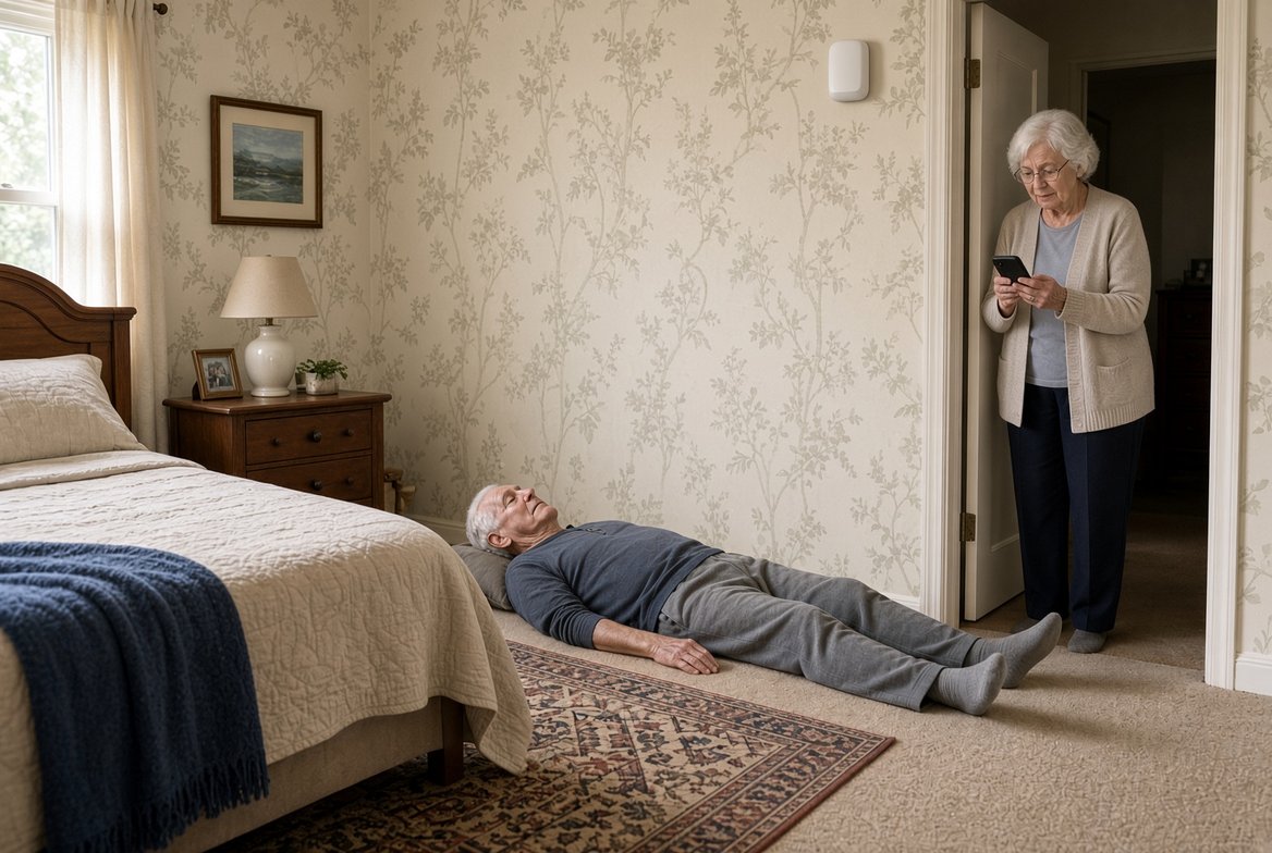 An older man lying still on a rug beside the bed with a pillow under his head while his wife stands in the bedroom doorway watching her phone, a small white sensor on the wall above her