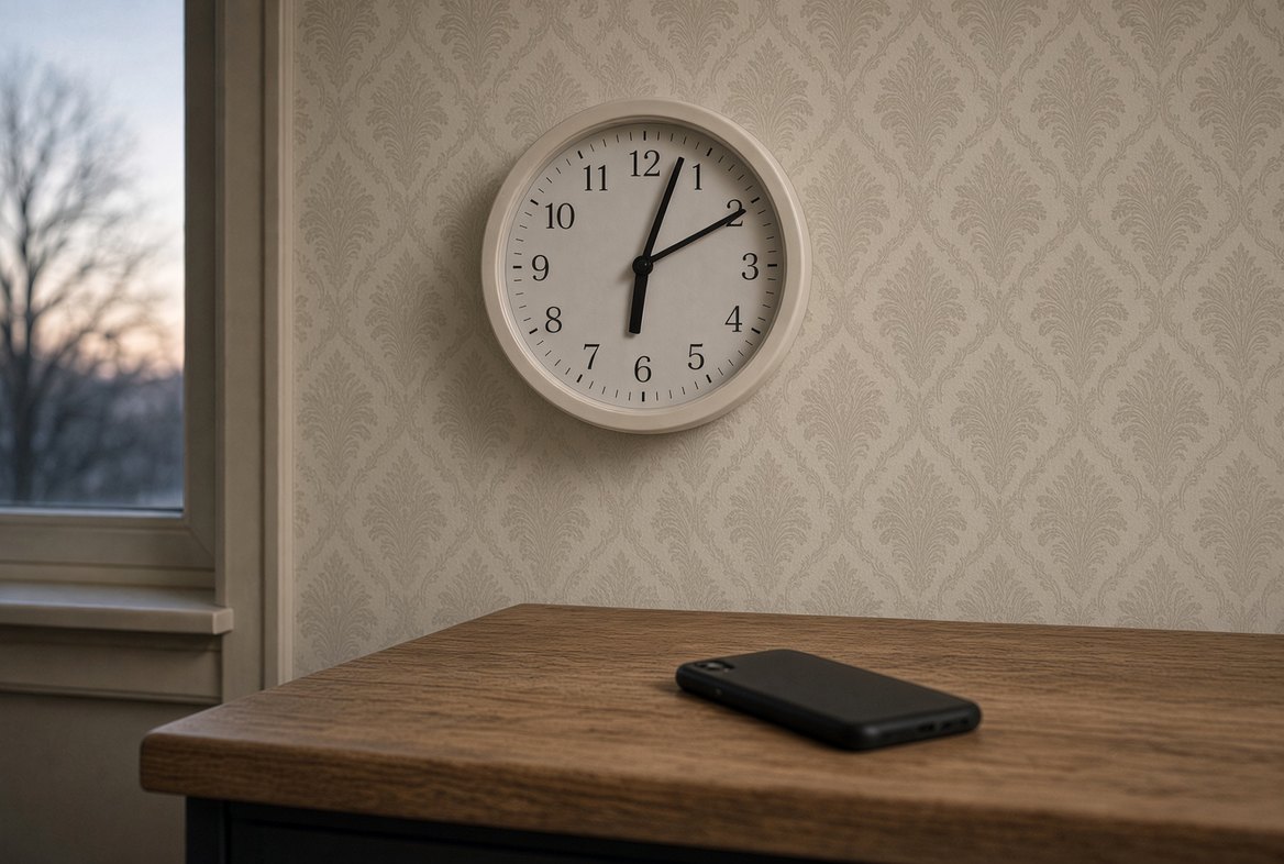 An ordinary wall clock in a domestic kitchen reading a few minutes past six, early morning light in the window beside it, a dark-screened phone lying on the table below