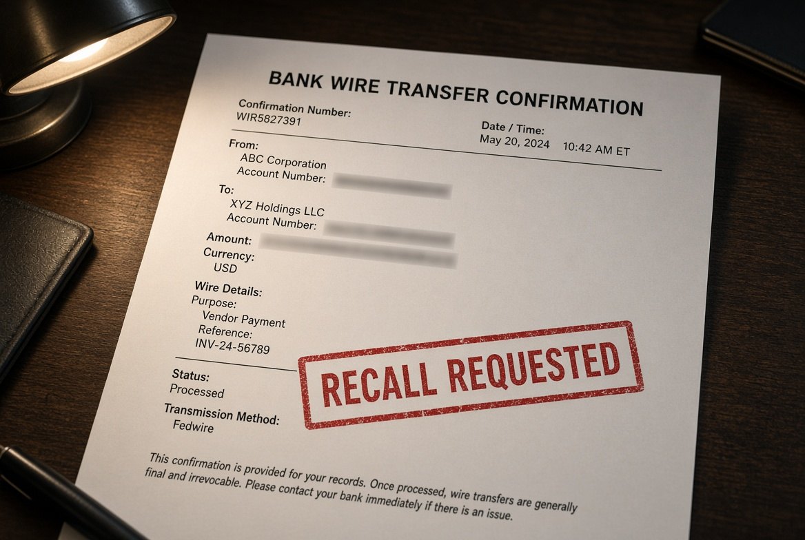 An American bank wire transfer confirmation on a desk under a lamp, stamped Recall Requested in red, the account numbers and amount blurred out, with fine print at the foot stating that once processed wire transfers are generally final and irrevocable