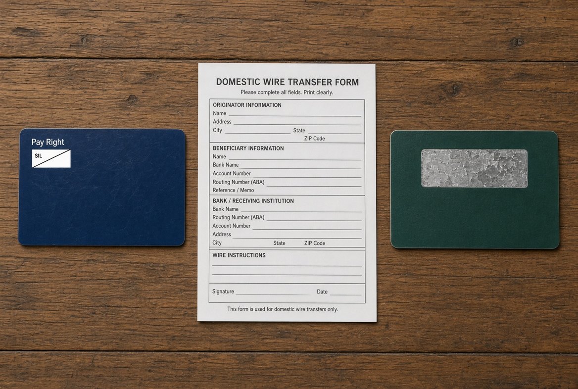 Three payment instruments laid side by side on a wooden table: a plain payment card face down, an American domestic wire transfer form, and a gift card with its silver scratch strip already removed