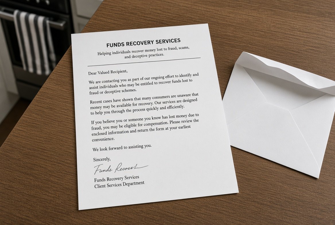 An American business letter on a kitchen table headed Funds Recovery Services, addressed to Dear Valued Recipient, offering to help recover money lost to fraud and asking the reader to return an enclosed form, with an opened envelope beside it