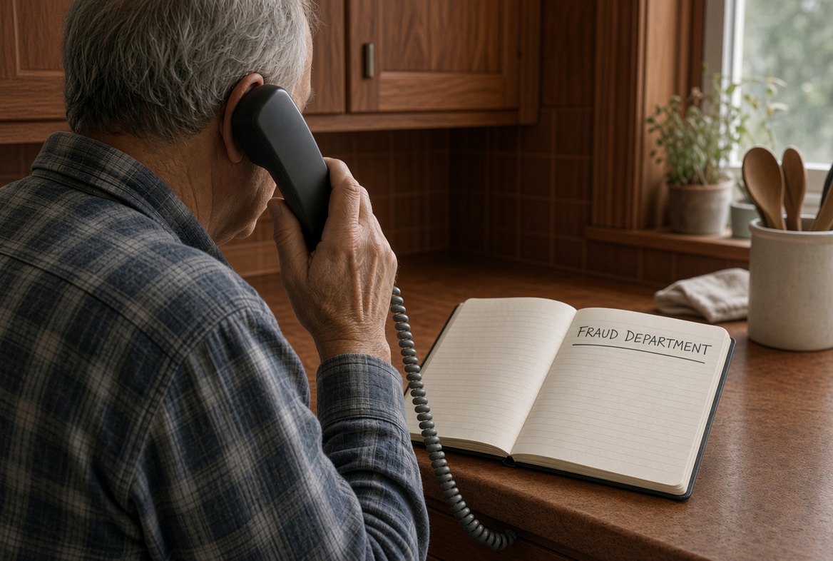 An older man seen from behind at a kitchen counter holding a corded telephone handset to his ear, an open notebook on the counter in front of him with the words Fraud Department written at the top of a blank page