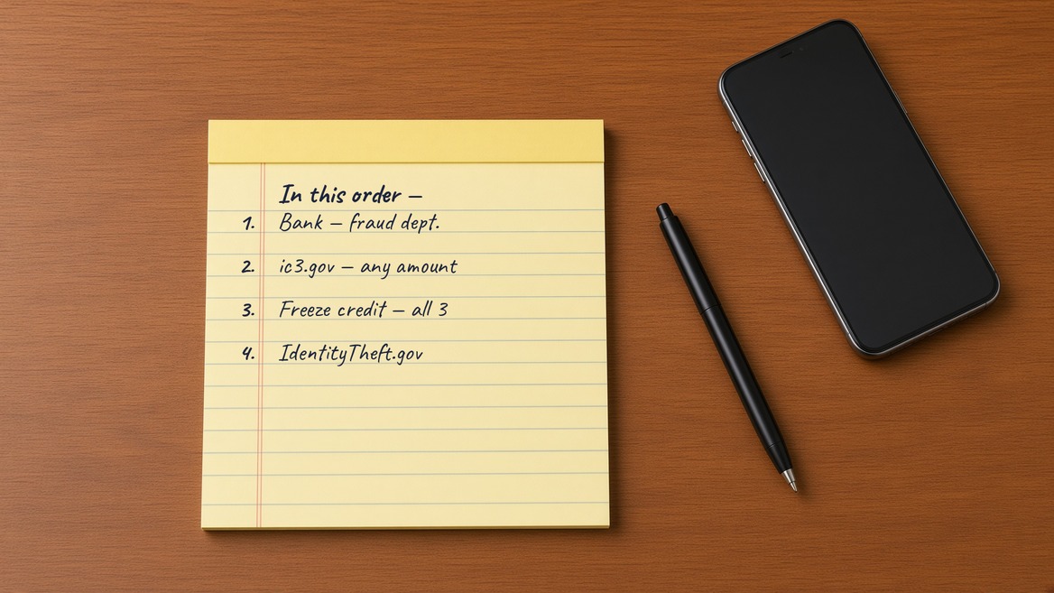 A yellow legal pad on a wooden desk with a pen and a phone beside it, headed “In this order” and four numbered lines written out by hand — bank fraud department, ic3.gov for any amount, freeze credit at all three, and IdentityTheft.gov