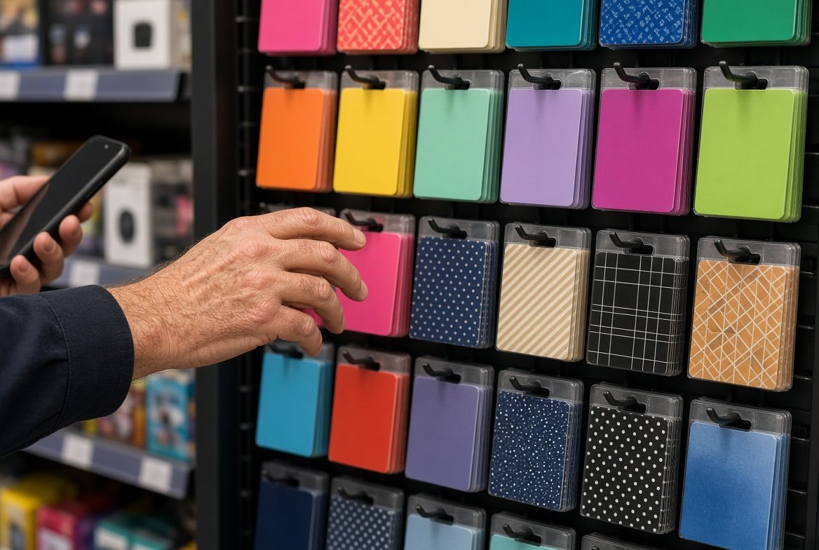 A man's hand reaching toward a store rack of brightly colored gift cards while his other hand holds a cell phone