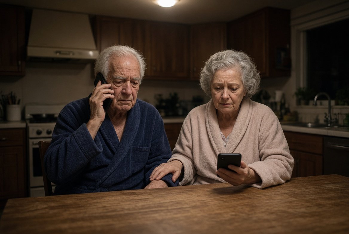 An older couple in bathrobes at their kitchen table late at night, the husband on the phone looking worried and the wife beside him with her hand on his arm, looking at her own phone