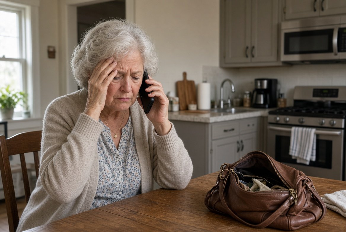 An older woman at her kitchen table holding a cell phone to her ear with her other hand pressed to her forehead, upset, her purse open on the table in front of her