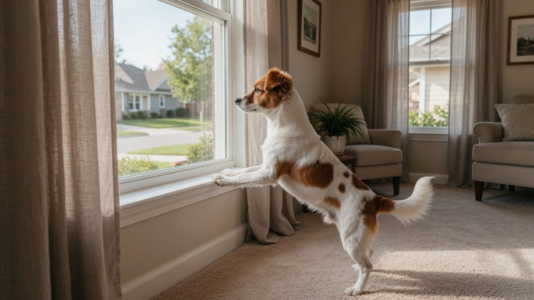 A small brown and white dog standing with its front paws on a windowsill, looking out at a sunlit suburban street through a sheer curtain