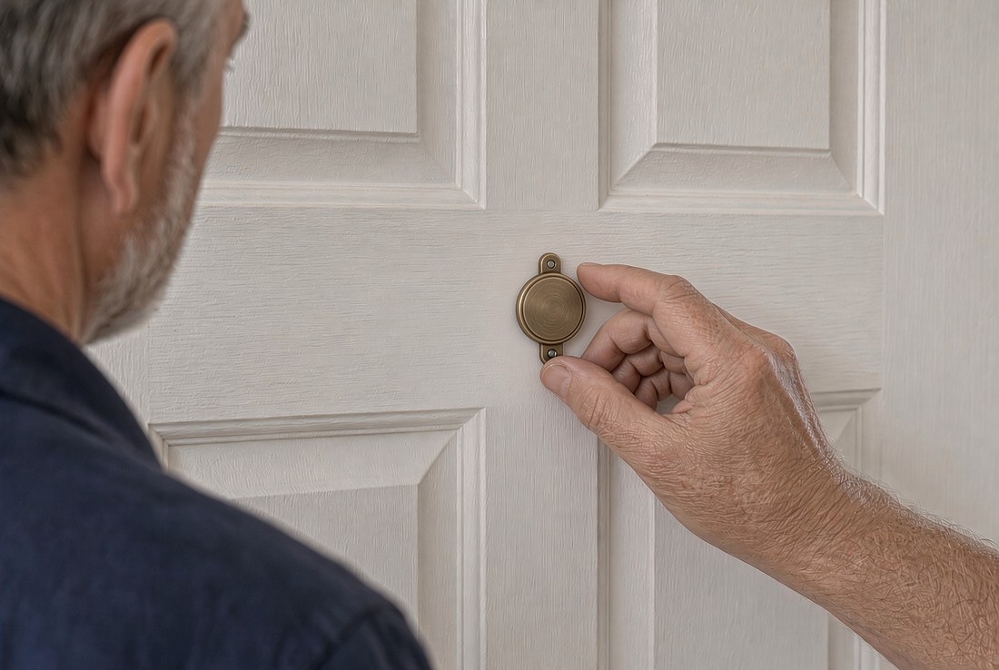 Close view of the inside of a white panelled front door at eye height, where a small round brass cover plate is closed flat over the peephole, with an older man's hand resting on it about to swing it aside
