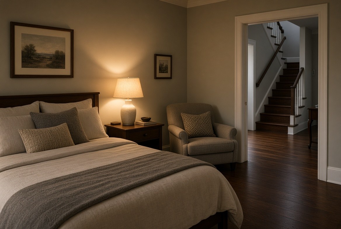A first-floor room made up as a bedroom, with a lamp lit beside the bed and an armchair, and a staircase visible through the open doorway in the hall